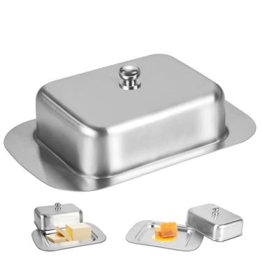 Imagem de Stainless steel butter dish, Manteigueira Retangular com Tampa Aço Inoxidável, Aço Inoxidável Armazenamento Manteiga Queijo Prato, Bandeja de Manteiga de Aço Inoxidável Prateado