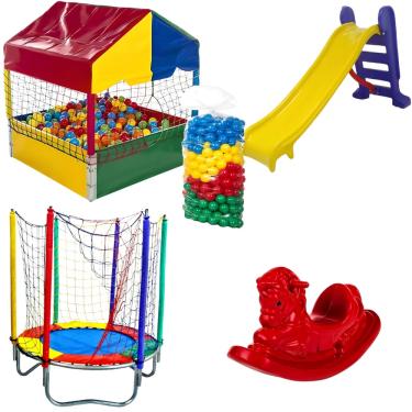 Imagem de Kit Cama Elástica 1,40m Piscina de Bolinhas 1,00m c/ 500 Bolinhas Escorregador Médio Gangorra 1 Lugar