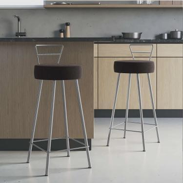 Imagem de Kit 02 Banqueta Alta Com Encosto Tina Eiffel Cozinha Bar Bistrô Ferro Cinza Corino Marrom - Ahazzo Móveis