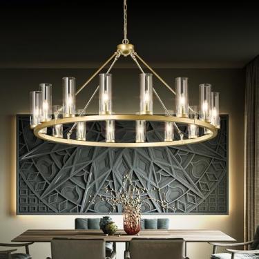 Imagem de zhllmq Lustre Grande Com 16 Luzes E Roda De Carroça, Cúpula De Vidro Transparente, Pendente Redondo Dourado, Lustre Industrial De Fazenda, Luminária Para Sala De Jantar, Escada, Sala De Estar, Hall