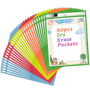 Imagem de Antner 30 pacotes de mangas de bolso apagáveis a seco grandes suportes reutilizáveis para ingressos, protetores de página de folha de plástico transparente, bolsos de trabalho resistentes, materiais de organização de sala de aula para professores, 5 cores
