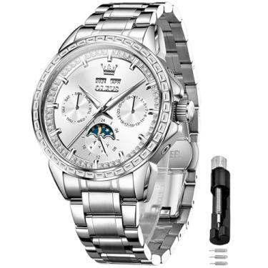 Imagem de OLEVS Relógio automático masculino de 44 mm, mostrador grande, octógono dourado fosco, diamante, à prova d'água, aço inoxidável, turbilhão, esqueleto, mecânico, 6695: prata