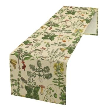 Imagem de JanJCurt Caminho de mesa botânico vintage, plantas antigas dos anos 1900, ervas, cogumelo, boho, retrô, estampa de samambaias de flores silvestres, caminho de mesa para casa de fazenda, cozinha