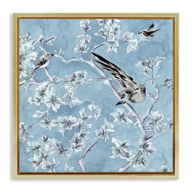 Imagem de Stupell Industries Arte de parede em tela flutuante emoldurada dourada com ramos de pássaro serenidade cunhada por Melissa Wang, 45,7 x 45,7 cm