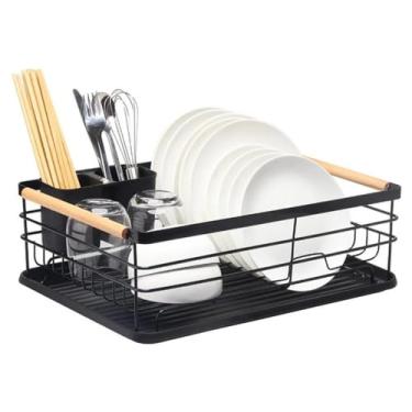 Imagem de Escorredor de Louça com Suporte Porta Talheres e Bandeja Removível Organizador Para Cozinha Pratos Copos em Aço Inox