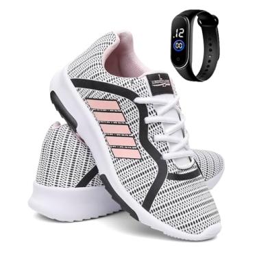 Imagem de Tenis Feminino Sport Academia Estilo e Conforto + Relógio - Cinza/Rosa - 35