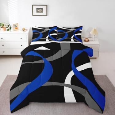 Imagem de Conjunto de edredom abstrato moderno, tamanho king, azul marinho, cinza, preto, 3 peças para decoração de quarto de crianças, meninos, homens, adultos, conjunto de colcha listrada artística em espiral
