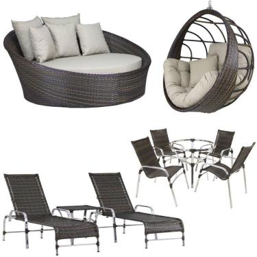 Imagem de 4 Cadeiras E Mesa, 2 Espreguiçadeiras, 1 Balanço E Chaise Pedra Ferro