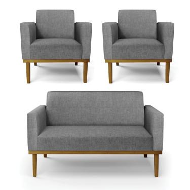 Imagem de Sofá Namoradeira Com 2 Poltronas Base De Madeira Fixa Castanho Marisa Linho D03 - D?rossi Cor A26 Grafite