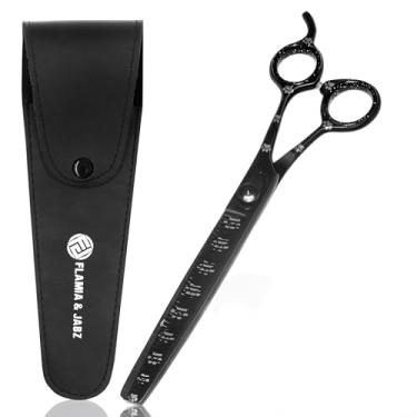 Imagem de Tesoura profissional para cuidados de cães / Tesoura de mistura com impressões de patas para cães, gatos e animais de estimação (destro, preto, aço inoxidável 20 cm)