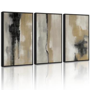 Imagem de KUVIOKE Arte de parede emoldurada abstrata preta grafite neutro pastel minimalista decoração de parede pintura de arte moderna para quarto sala de estar 40,6 x 61 cm (moldura preta)