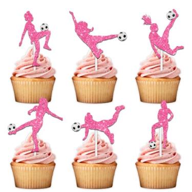 Imagem de 18pcs Pink Glitter Football Girls Dessert Cupcake Topper Pick for Soccer World Cup Theme Decorations Women Girls Athletes Happy Birthday Party Decor Supplies
