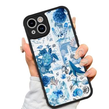 Imagem de AIGOMARA Capa para iPhone 15 Plus [compatível com MagSafe] design de padrão de colagem de concha de tartaruga azul para mulheres meninas homens TPU macio hack PC traseira protetora à prova de choque