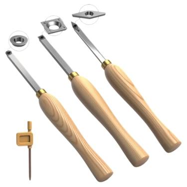 Imagem de Conjunto de ferramentas de torneamento de torno de madeira de carboneto - mais áspero, detalhador, acabamento com cabo de madeira confortável | Diamantes substituíveis, inserções redondas e quadradas