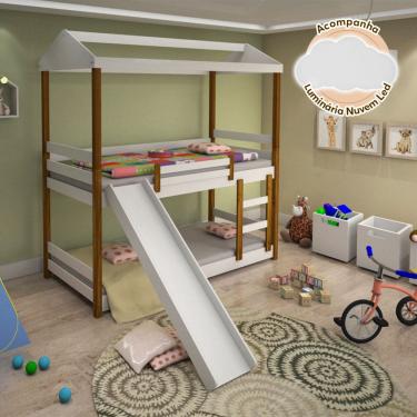 Imagem de BELICHE INFANTIL SOLTEIRO MANUELA COM ESCORREGADOR BRANCO E néctar das flores - ACOMPANHA NUVEM LUMINÁRIA LED