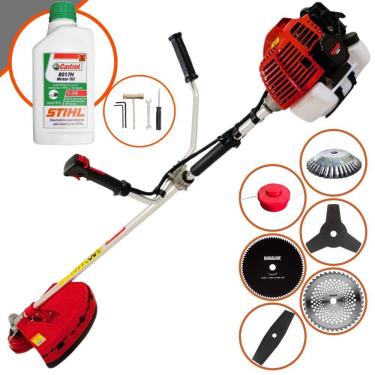 Imagem de Roçadeira Kawashima KW52L À Gasolina 52cc 2,5HP 6 Em 1 Com Carretel + Faca 2 Pontas, 3 Pontas, 40 Dentes e 80 Dentes + Escova de Aço + ÓLEO STIHL 2T