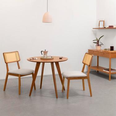 Imagem de Conjunto Mesa de Jantar Square Laminada Redonda Natural - 88cm + 2 Cadeiras Lalá Encosto Palha Creme - Cru