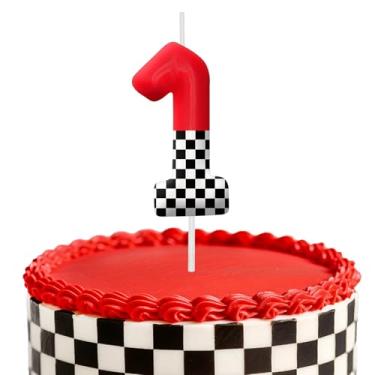 Imagem de Velas de aniversário de carro de corrida, decoração de topo de bolo de 6 cm, bandeira quadriculada número 1, decorações de aniversário, decorações de bolo de festa de aniversário, suprimentos de festa
