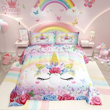 Imagem de Jogo de cama com estampa floral de unicórnio, arco-íris, temática de sonhos, para decoração de quarto de princesa, azul, roxo, gradiente, casal