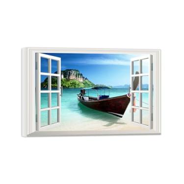 Imagem de Falsas Janelas Paisagens Impressões em Tela-Barco mar-Quadro Arte Moderna-Natureza Pintura Pronta para Pendurar Tela Embrulhada 20x30cm