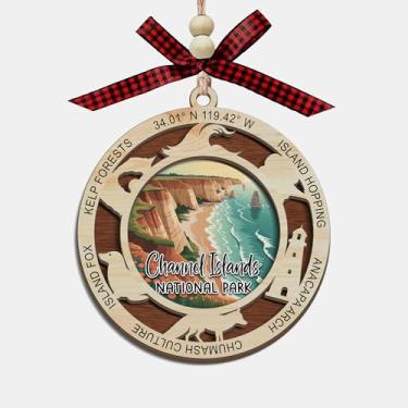 Imagem de Enfeite de Natal do Parque Nacional das Ilhas do Canal, design de corte a laser de madeira de 2 camadas, decoração de árvore de férias, presente de lembrança de viagem, arquipélago da ilha e memória