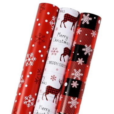 Imagem de Netnology Rolos de papel de embrulho de Natal com floco de neve de rena xadrez
