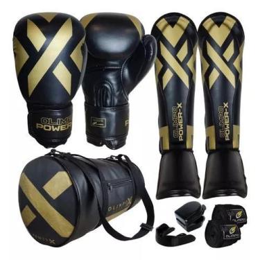 Imagem de Kit Muay Thai Luva Caneleira Bolsa Bandagem Bocal PowerX - Olimpo Espo