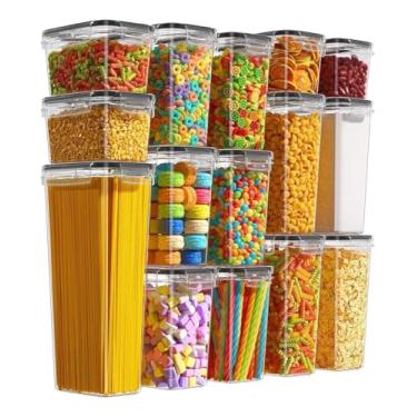 Imagem de Kit 15 Potes Herméticos Plásticos para Mantimentos e Alimentos – Tampa com Trava, Livre de BPA, Empilhável, Transparente, Ideal para Cozinha, Despensa e Armário Organizador
