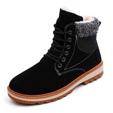 Imagem de Bigfanshu Botas de inverno masculinas quentes de couro de camurça à prova d'água botas de neve para lazer inverno trabalho sapatos moda masculina cano médio para uso ao ar livre botas de neve sem cadarço e sem cadarço, Preto, 7 Wide