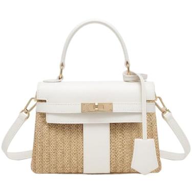Imagem de Maycred Bolsa feminina de tecido de palha, bolsa de mão, bolsa transversal de praia, moda verão bolsa de praia, Branco, 20CM * 14CM * 8.5CM, Tendência