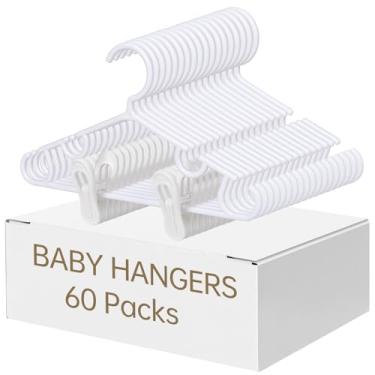 Imagem de Cabides para bebês recém-nascidos com clipes, 20 cabides de plástico para bebês recém-nascidos – com 40 clipes para pacotes de roupas infantis (branco, 60 pacotes)