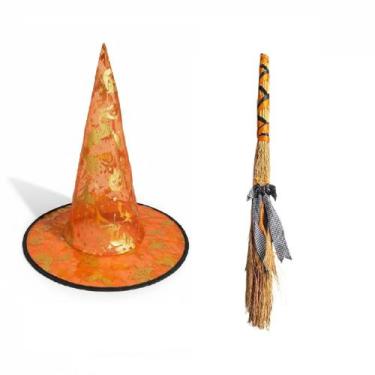 Imagem de Kit Fantasia festa Halloween Bruxa Chapéu + Vassoura 60cm - 15519E78, 