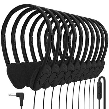 Imagem de Maeline Fones de ouvido para sala de aula a granel com microfone – pacote com 10 fones de ouvido intra-auriculares pretos com fio, plugue ajustável de 3,5 mm, embalado individualmente para escolas