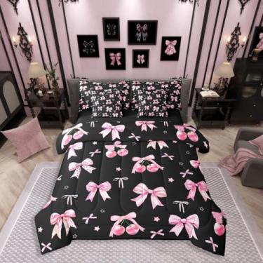 Imagem de Erosebridal Conjunto de cama infantil com laço de cereja rosa e laço de princesa sonhadora, conjunto completo de 7 peças, com laço de fita aquarela em uma bolsa, preto e simples