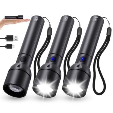 Imagem de Lanterna USB C de alto lúmens, recarregável, 3 pacotes-1000L, pequena luz de flash brilhante com 12H de longa duração, 5 modos, zoom, lanternas táticas de LED potentes para casa, acampamento de