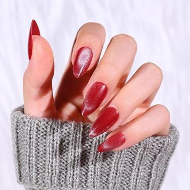 Imagem de 30 peças de unhas de pressão de amêndoa média ponta francesa com glitter falso cobertura completa cola em bastão de unha para mulheres (nº 05 vermelho)