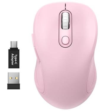 Imagem de WisFox Mouse sem fio de 2,4 G para laptop, mouse de computador ergonômico com receptor USB e adaptador tipo C, 3 níveis ajustáveis DPI, mouse sem fio sem fio de 6 botões (rosa rosa)