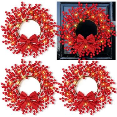 Imagem de Dingion Pacote com 4 guirlandas artificiais de Natal para porta de 33 cm, pré-iluminada, com luzes de LED e laço vermelho, decorações de Natal para porta da frente, inverno, ambientes externos, parede