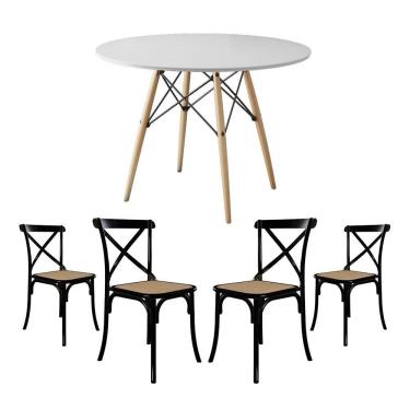 Imagem de Conjunto De Mesa Eiffel Redondo Tampo De Madeira 110Cm Branco Com 4 Cadeiras Katrina Pretoo B