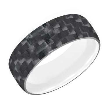 Imagem de Aliança de casamento masculina de carboneto de tungstênio – Anel externo de fibra de carbono preta tecida de 9 mm com interior de tungstênio branco, perfil plano de cúpula baixa, ajuste confortável