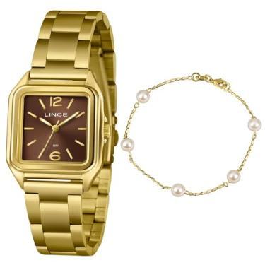 Imagem de Relógio Feminino Quadrado Dourado Lince com Pulseira Pérola LQGM060L30 K0HT Fundo Marrom
