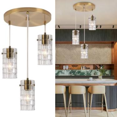 Imagem de Cainjiazh Luminária pendente de vidro moderna, lustre de 3 luzes com acabamento de cobre para ilha de cozinha/jantar, altura ajustável, soquetes E26, lâmpadas não incluídas