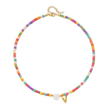 Imagem de Gargantilha feminina com contas de ouro 18 quilates - pingente de letra colorida de aço inoxidável impermeável - joia com pingente de alfabeto personalizado - Presente personalizado delicado para