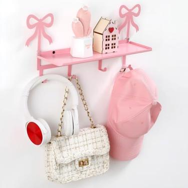 Imagem de Otoolling Ganchos de parede com prateleira suporte de chave de laço rosa cabideiro de metal para roupas de entrada de parede com 5 ganchos de metal, decoração de parede para quarto de bebê, quarto e