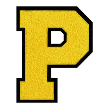 Imagem de 1 PÇ Patch de letra de chenille amarelo de 15 cm com borda preta – Adesivos do alfabeto para roupas, jaquetas, mochilas, chapéus para decoração personalizada, nome personalizado e artesanato. (P)