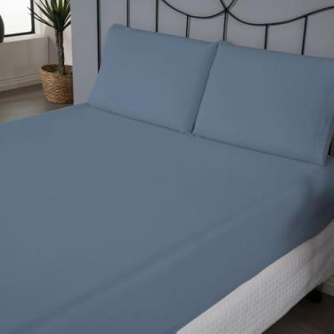Imagem de Jogo de Lençol Casal Padrão, Percal 180 Fios, 3 Peças, Algodão e Poliéster, com Elástico, 188x138x30cm, 2 Fronhas 70x50cm (Azul Petróleo)