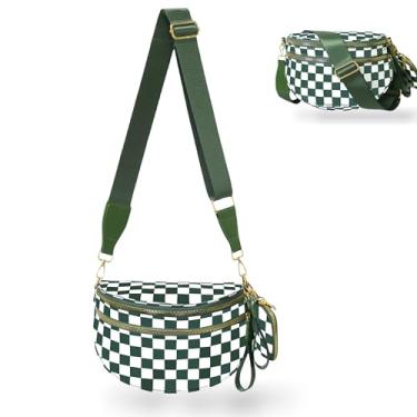 Imagem de Bolsa transversal quadriculada para mulheres, espaçosa bolsa xadrez de nylon com carteira removível, alça ajustável, pochete de grande capacidade, Verde-branco, One Size, Xadrez