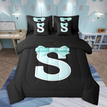 Imagem de jejeloiu Conjunto de edredom com laço azul Kawaii, tamanho casal, 7 peças, presente para mulheres e adolescentes, conjunto de cama com letra S, cama em uma bolsa, arte moderna, monograma