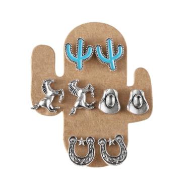 Imagem de Conjunto de 5 pares de brincos estilo cowgirl ocidental, turquesa, vintage, boêmio, retrô, delicado, caubói, joias femininas, Zinco, Sem pedra preciosa