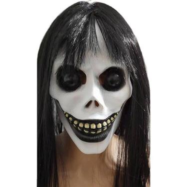 Imagem de Máscara facial de cicatriz de látex Scary Skull com cabelo preto para mulheres